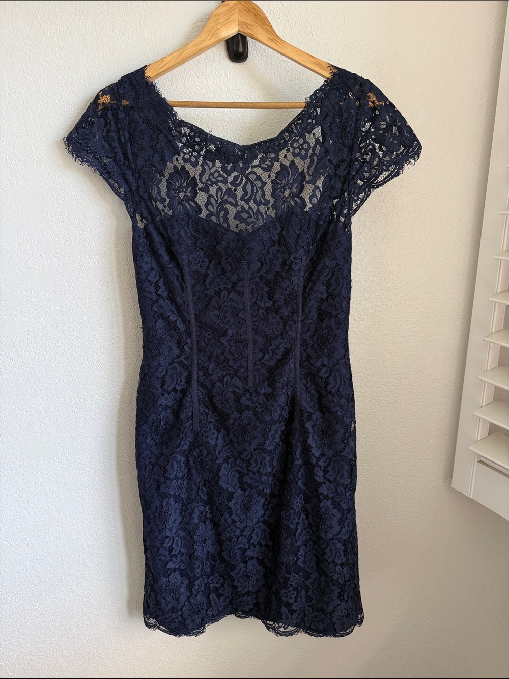Monique Lhuillier Navy Lace Midi Dress with Cap Sleeves